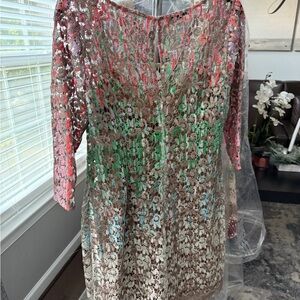 Kay Unger Colorful Lace Long Sleeve Dress